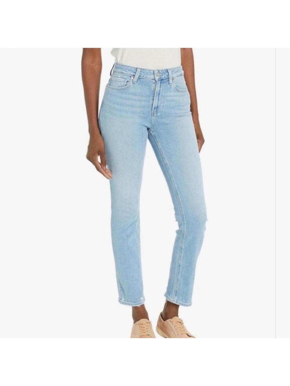Paige Cindy Lovesong Distressed w Beat Hem light wash high rise straight jeans
